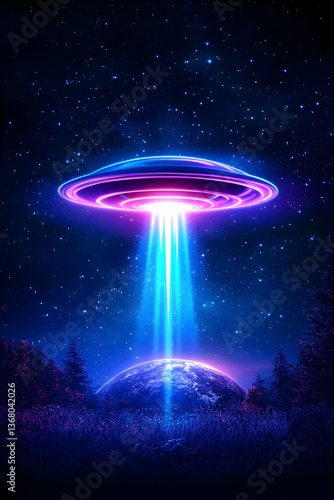 Glowing UFO descends over Earth, illuminating night sky and trees