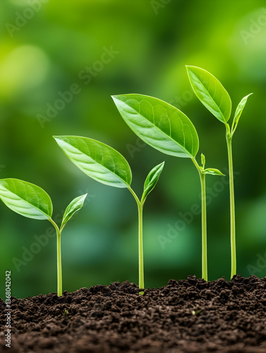 Four vibrant green seedlings growing in rich dark soil against a blurred green background, showcasing growth stages