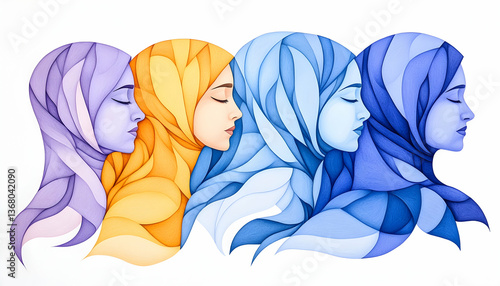 Four women in colorful hijabs, eyes closed, profile view, artistic illustration