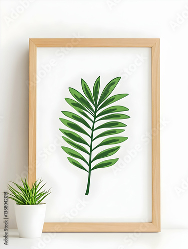 Framed illustration of a single, vibrant green palm frond against a white background