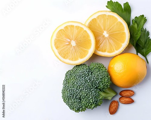 Fresh broccoli, lemons, almonds, and parsley on white