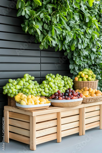 Fresh fruit display on wooden crate against green wall