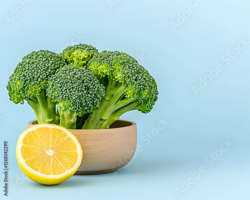 Fresh broccoli florets in bowl with lemon slice on light blue background