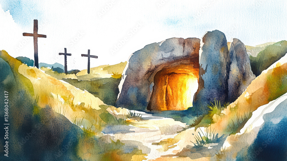 Golgotha with the empty tomb of Jesus Christ and three crosses on the hill, Easter watercolor illustration symbolizing the resurrection