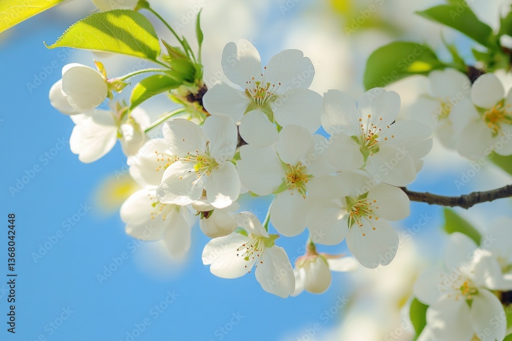 Fototapeta premium White Cherry Blossoms Blooming on Branch Against a Bright Blue Sky