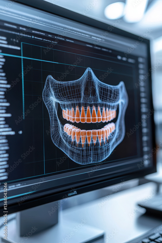 Digital display of a 3D dental model showcasing teeth and jaw structure.