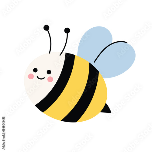 Cute bee vector illustration. Smiling bumblebee character. Adorable cartoon design for kids, spring-themed clipart or baby decor. Flat vector illustration isolated on white background.