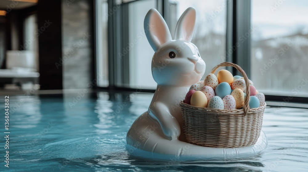 Easter stay at the hotel, a rabbit-shaped pontoon floats in the hotel pool with Easter eggs