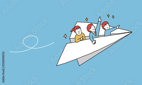 紙飛行機に乗って目標を目指す人々のイメージイラスト