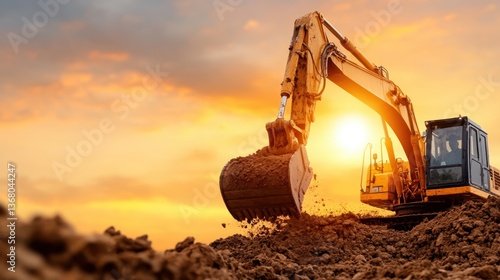 A powerful excavator is lifting a scoop of soil against a breathtaking sunset, presenting a stunning blend of nature’s beauty and human engineering marvel.