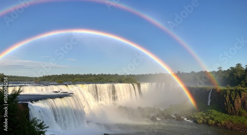 Majestic double rainbow arching over the stunning Iguazu Falls with lush greenery