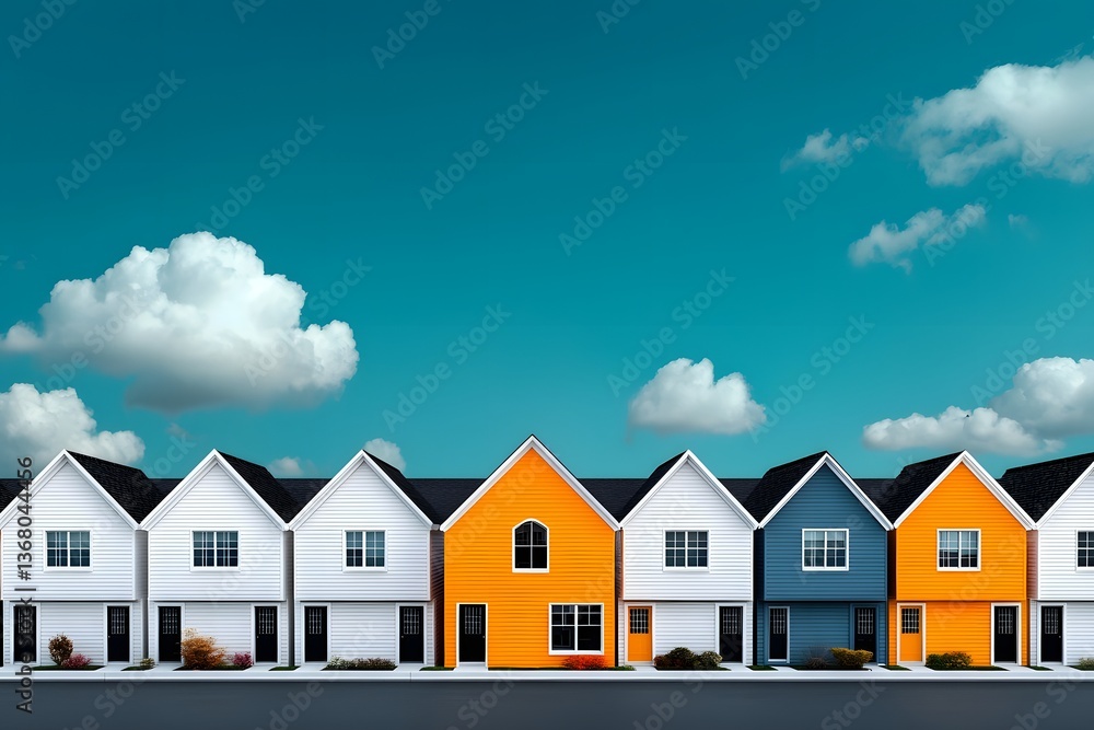Detailed of a residential neighborhood featuring a lineup of unassuming white houses interrupted by a striking orange model home in the center Detailed of a residential neighborhood featuring a lineup of unassuming white houses interrupted by a striking orange model home in the center