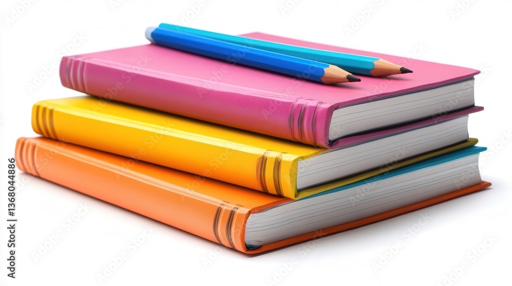 Stack of colorful notebooks with pencils on top against a white background. Stack of colorful notebooks with pencils on top against a white background.