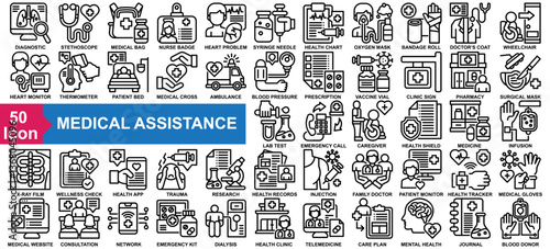 "Medical Assistance" icon collection set. Diagnostic, Stethoscope, Medical Bag, Nurse Badge, Heart Problem icon. Simple line vector.