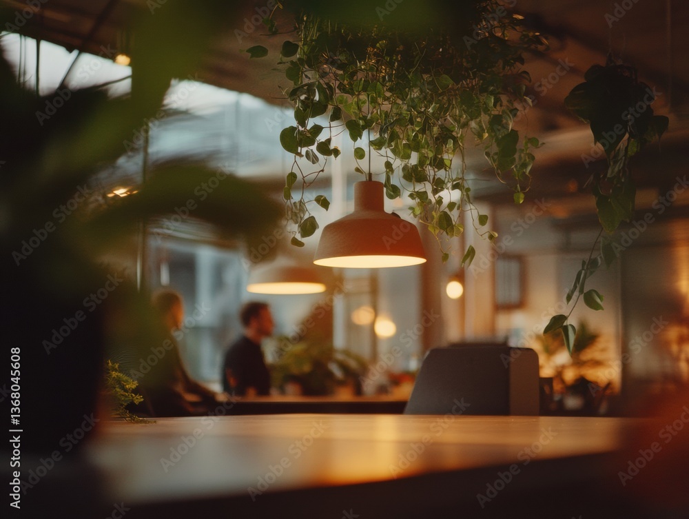 Biophilic Workplace Wellness Soft-Focus Modern Office Design with Hanging Plants and Warm Ambient Lighting - Innovative Corporate Culture Narrative Biophilic Workplace Wellness Soft-Focus Modern Office Design with Hanging Plants and Warm Ambient Lighting - Innovative Corporate Culture Narrative