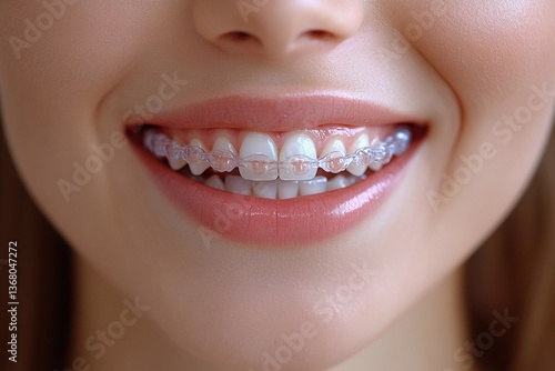 
A woman demonstrates the result of orthodontic treatment by removing aligners