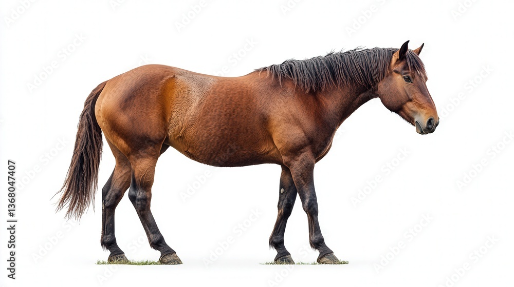 Majestic brown horse with a strong build standing against a white background. Majestic brown horse with a strong build standing against a white background.