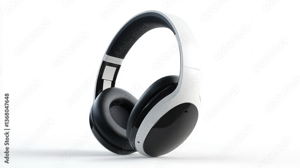 Sleek black and white over-ear headphones on a minimalist white background. Sleek black and white over-ear headphones on a minimalist white background.