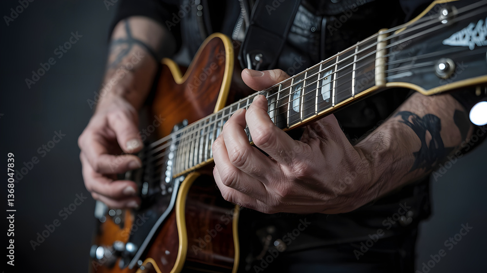 Obraz premium rock musician's calloused hands on vintage guitar strings