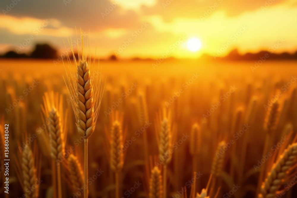 Golden wheat field bathed in sunset's glow, ripe ears close-up , gold, light, countryside Golden wheat field bathed in sunset's glow, ripe ears close-up , gold, light, countryside