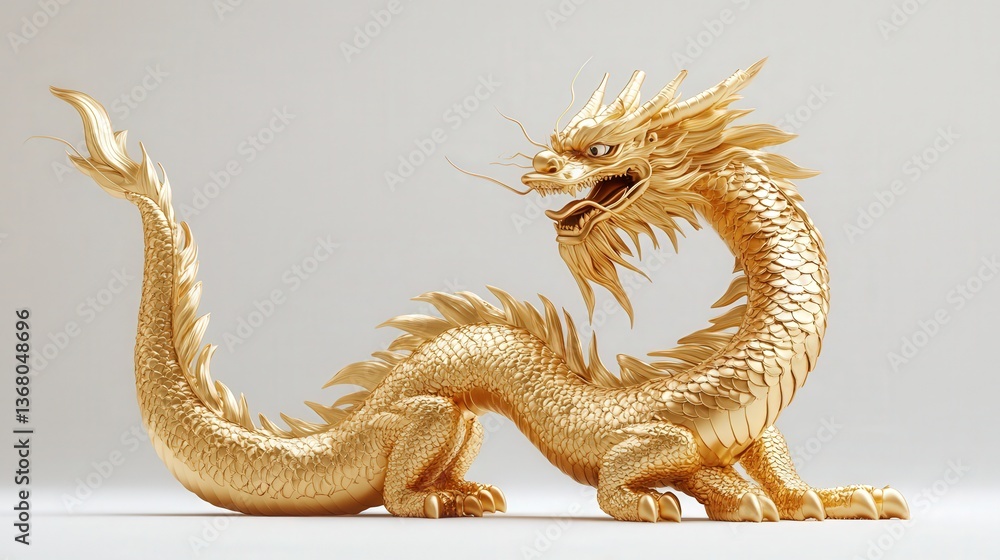 Fototapeta premium Elegant golden dragon statue with intricate details on a neutral background, symbolizing power and mysticism.