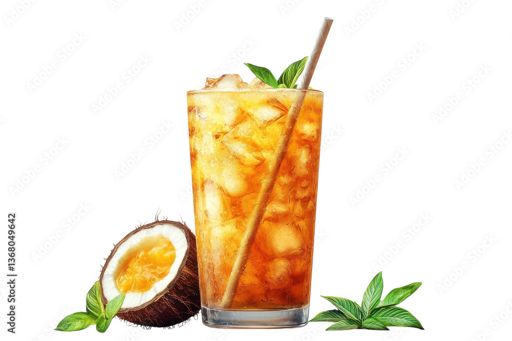 Fototapeta premium Refreshing iced tea with coconut and mint, a vibrant summer drink, perfectly chilled and served in a tall glass with a straw.