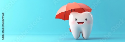 
Cute tooth character holding a red umbrella, isolated on a blue background. 3D rendering with space for text, stock photo contest winner, high resolution, stock quality.