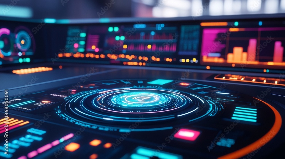 Futuristic digital control panel with glowing blue circular interface, showcasing advanced technology and complex data visualization in a high-tech command center environment Futuristic digital control panel with glowing blue circular interface, showcasing advanced technology and complex data visualization in a high-tech command center environment
