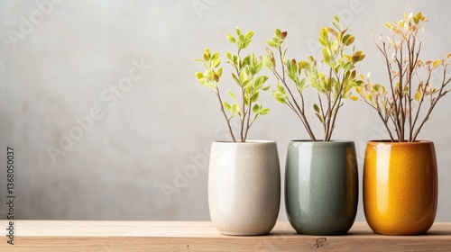 This image features three stylish plant pots with green leaves, showcasing a minimalist aesthetic ideal for modern home decor or gardening inspiration.