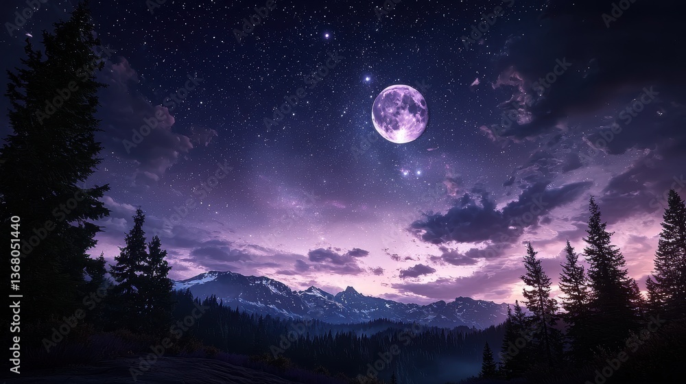 Breathtaking Moonlit Sky with Full Moon's Glow Over Majestic Mountains and Starry Night Breathtaking Moonlit Sky with Full Moon's Glow Over Majestic Mountains and Starry Night