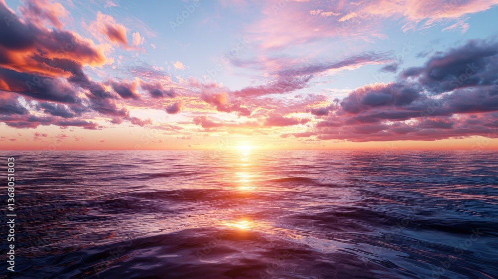 Obraz premium Breathtaking Sunrise Over Tranquil Ocean Waters with Soft Clouds and Reflective Light at Dawn