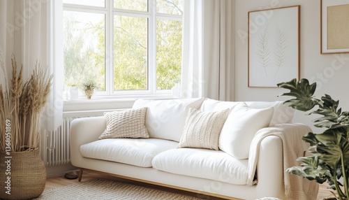 Bright Sunlight Streams Through Window Illuminating Cozy White Living Room Sofa with Cream Pillows and Blanket