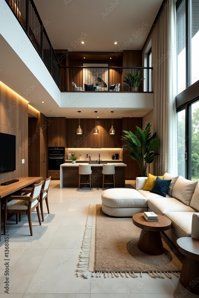 Fototapeta premium Stylish open-plan living area with sleek finishes and cozy ambiance, plants, home