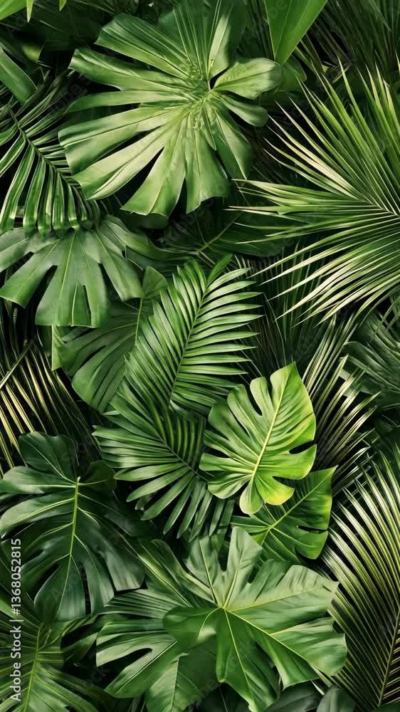 Lush green tropical leaves create a vibrant natural backdrop in a dense arrangement Lush green tropical leaves create a vibrant natural backdrop in a dense arrangement