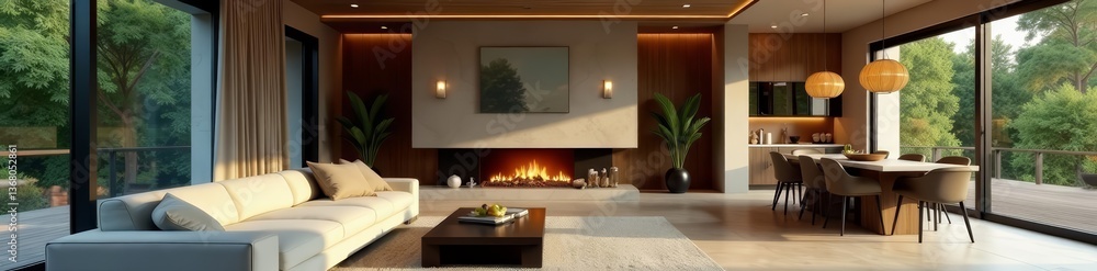 Fototapeta premium Stylish upscale living room with fireplace and designer kitchen, luxury home interior, stylish, home, luxury