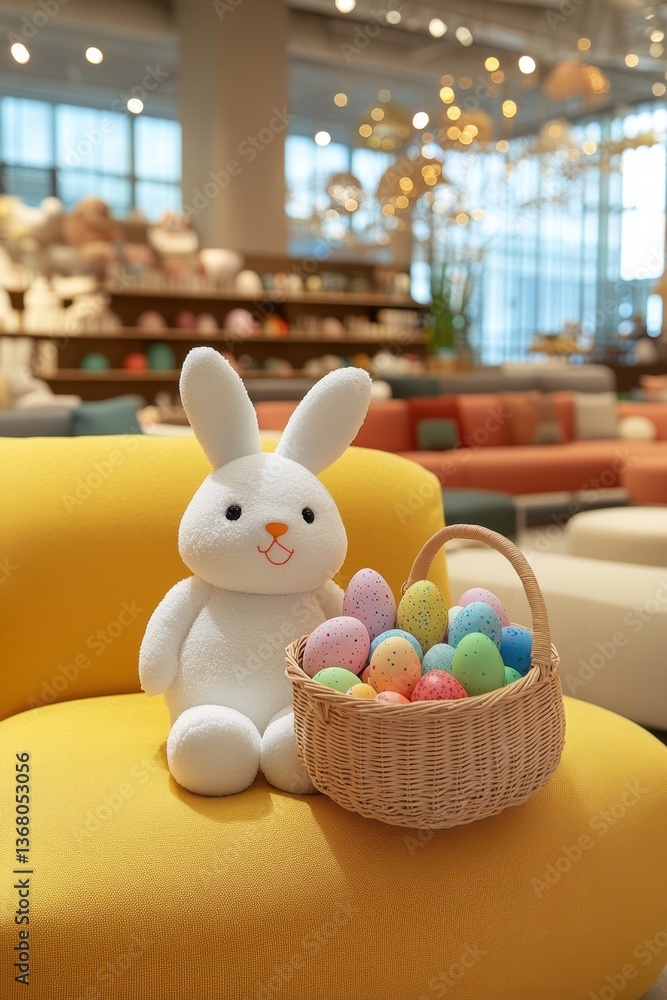 Easter bunny with eggs sitting in an armchair in a furniture showroom, spring offer of the store