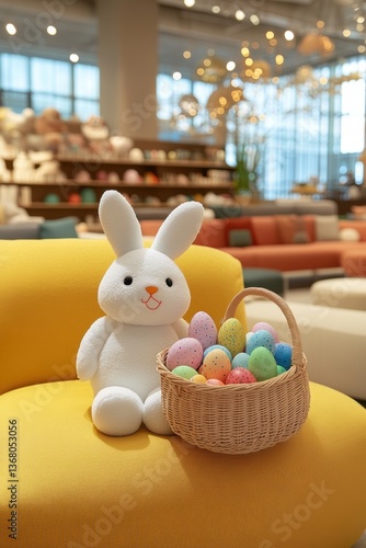 Obraz na płótnie Easter bunny with eggs sitting in an armchair in a furniture showroom, spring offer of the store w salonie