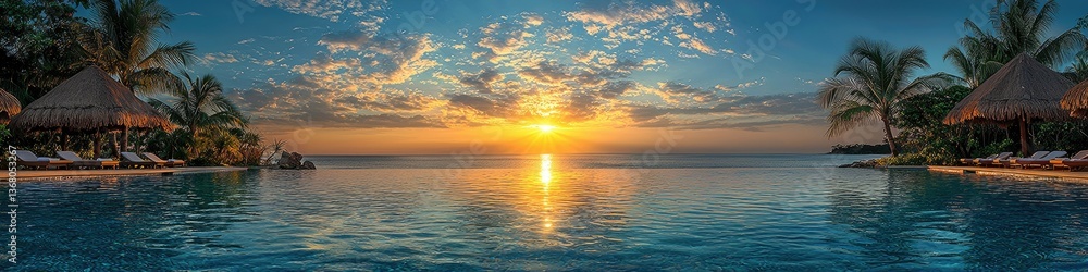 Fototapeta premium An amazing tropical sunset over ocean water near luxurious resort