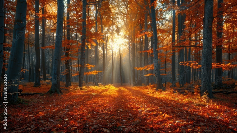 Obraz premium Vibrant autumn forest with golden leaves and sunlight filtering through trees in a peaceful setting