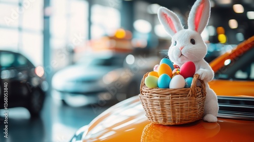 Easter bunny with Easter eggs sitting on the hood of a new car in a car showroom, spring offer of the store
