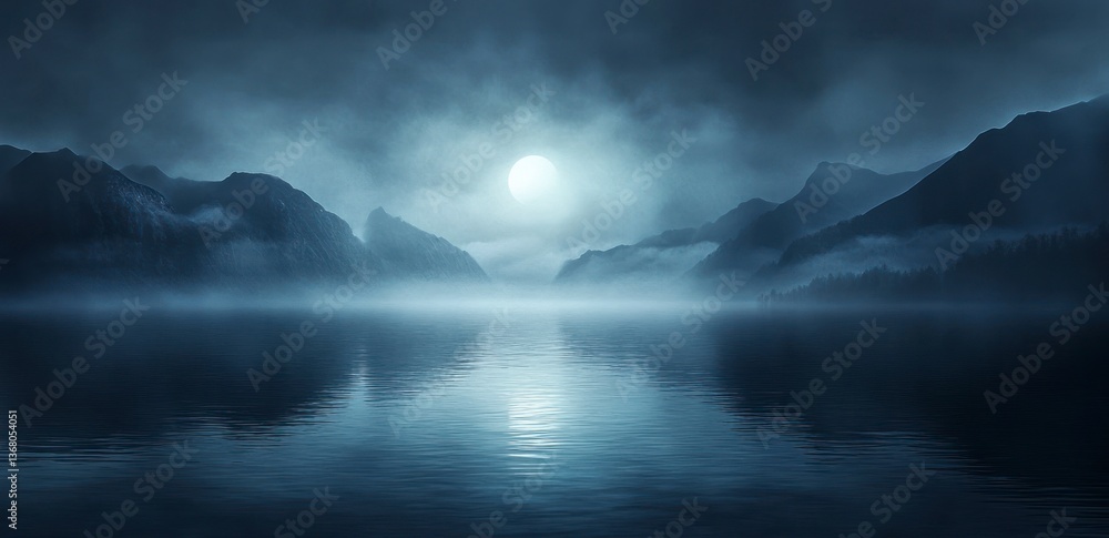 Naklejka premium Serene Lake Reflecting Moonlight Surrounded by Misty Mountains at Night