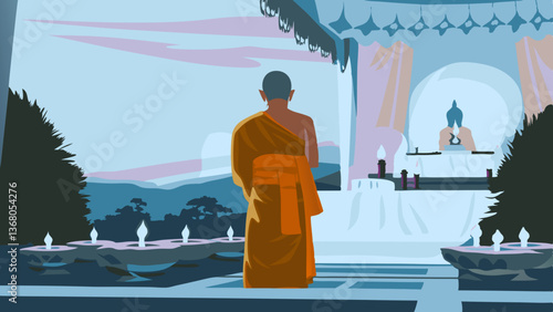 Monk walking toward Buddha altar during Vesak celebration with peaceful temple backdrop.


