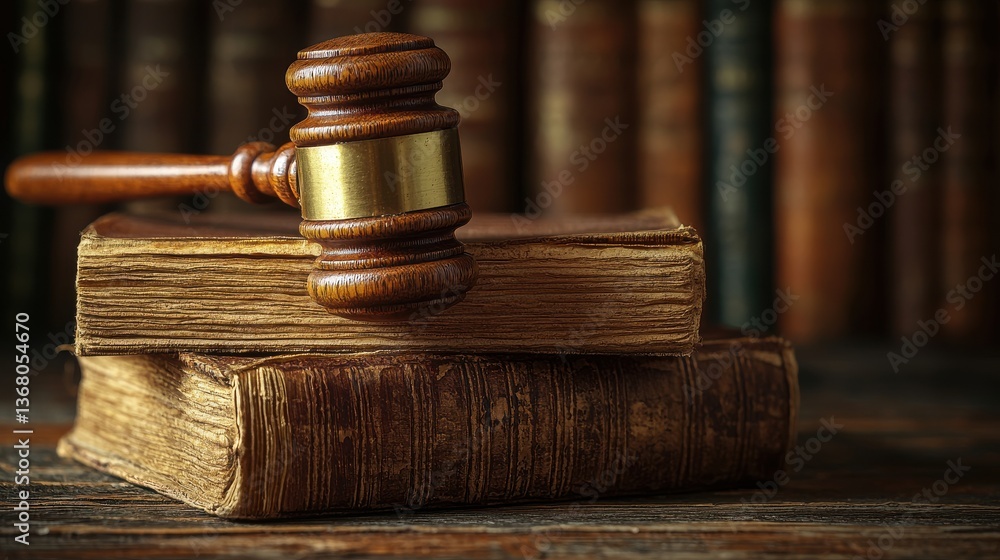 A wooden gavel rests on top of two old books A wooden gavel rests on top of two old books