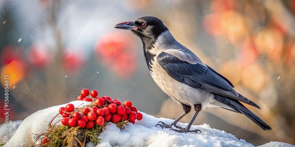 Fototapeta premium Siberian Hooded Crow Spring Feast: Arctic Berries & Insects
