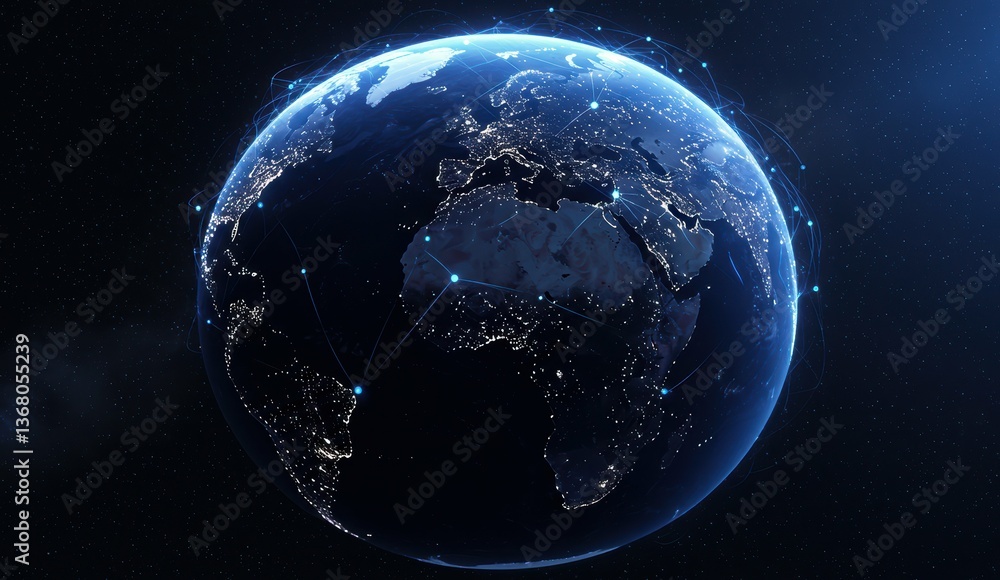 Obraz premium Visual representation of Earth from space showing bright lights and connections across continents focused on technology.