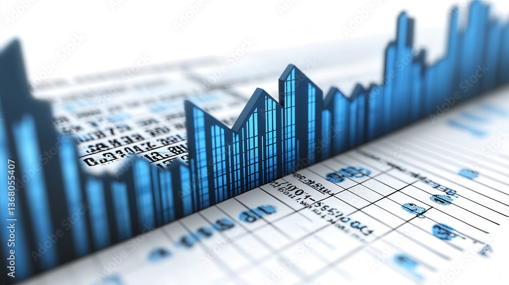 Digital 3D bar chart emerging from financial documents, symbolizing data analysis. Digital 3D bar chart emerging from financial documents, symbolizing data analysis.
