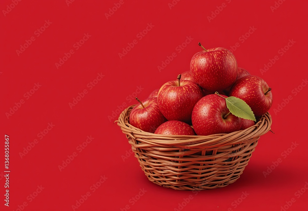 Fresh Red Apples in a Woven Basket Against a Red Background. Generative Ai Fresh Red Apples in a Woven Basket Against a Red Background. Generative Ai