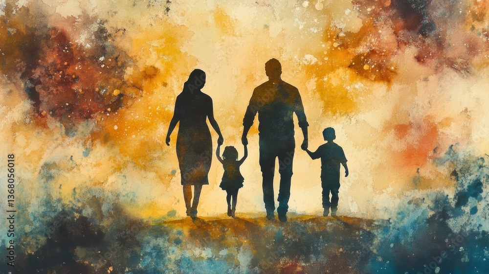 Family walking, abstract background, hopeful, heartwarming Family walking, abstract background, hopeful, heartwarming