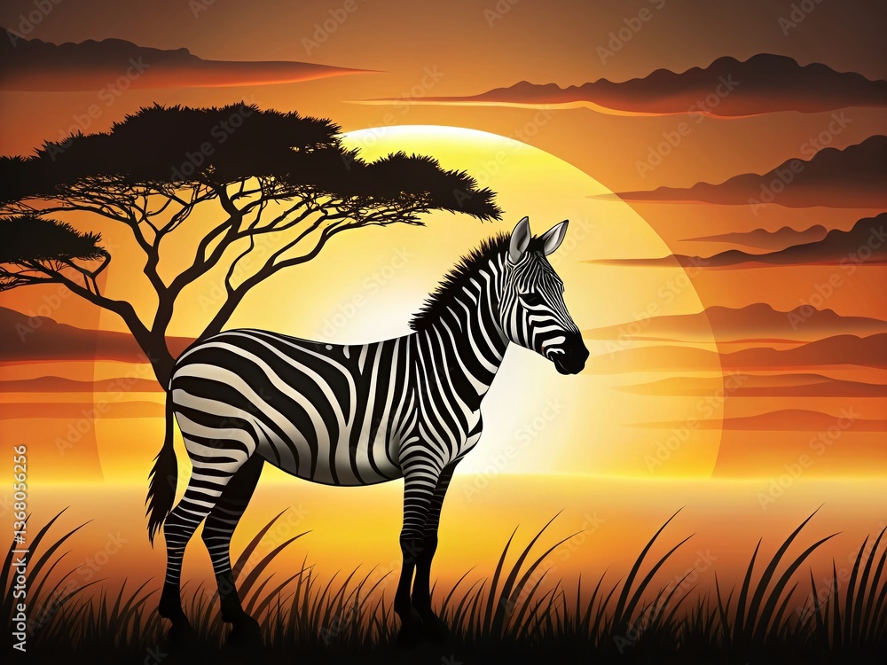 Fototapeta premium Silhouette Cartoon Zebra Sunset African Savanna
