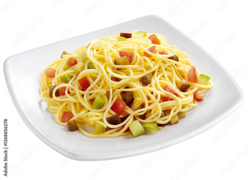 prato com espaguete com legumes e bacon isolado em fundo transparente prato com espaguete com legumes e bacon isolado em fundo transparente